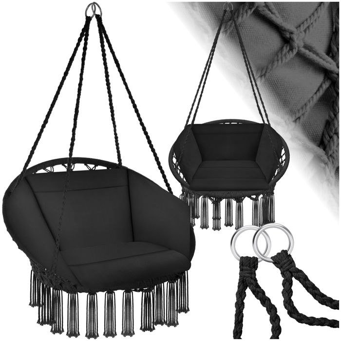 TECTAKE Fauteuil Hamac suspendu design 1 Place Extérieur intérieur avec Coussin confortable en Coton Noir
