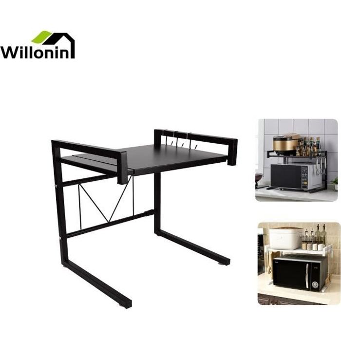 Willonin® Support extensible 40-65 cm pour micro-ondes, Etagere Rangement de vaisselle pour cuisine, Meuble à Épices en Métal - Noir