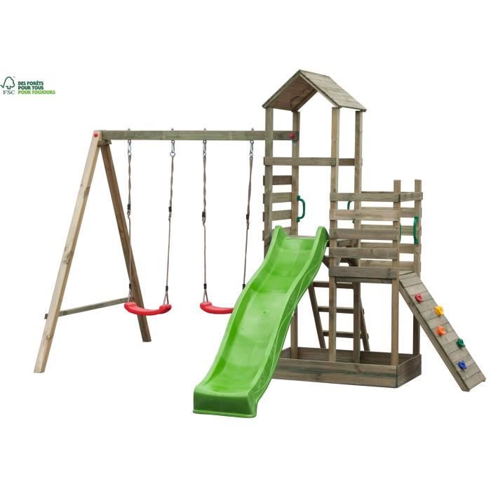 Aire de Jeux en bois CAPTAIN S - Avec 2 Balançoires, 1 Toboggan, 1 Mur d'Escalade, 2 Tours et 1 Echelle