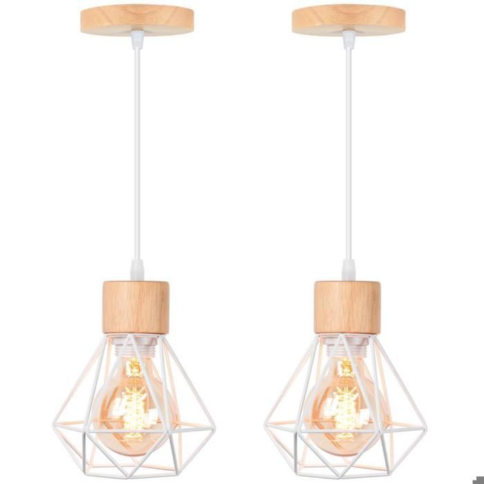 WOTTES Suspension Luminaire Vintage Industrielle Lustre en Fer et Bois Rétro Cage Design Blanc E27 2PCS pour Salon Cuisine
