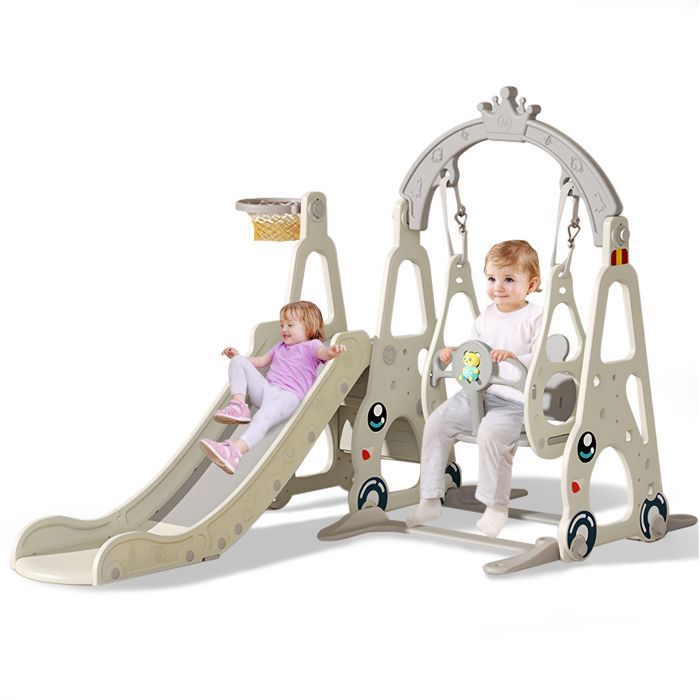 Toboggan Intérieur Enfant 4 En 1 Rose - Avec Balançoire, Panier De Basket Et échelle