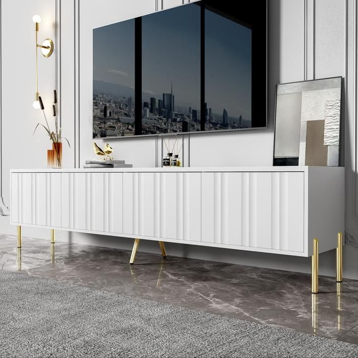 Meuble TV design de porte rainuré pieds de table dorés - SWEIKO - 190x38x48 cm - Blanc Meuble TV design de porte rainuré pieds de table dorés - SWEIKO - 190x38x48 cm - Blanc