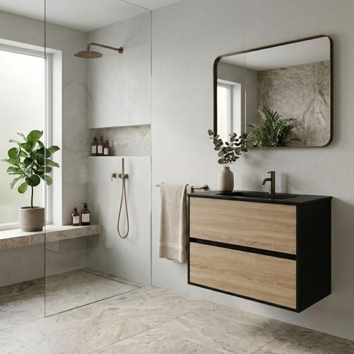 Indus Meuble avec simple Lavabo - Effet chêne et Noir - Essebagno