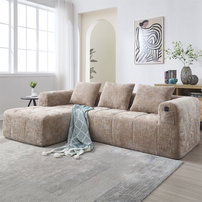 DRIPEX Canapé dangle Sectionnel en Chenille ModerneCanapé 3 places en forme de L avec 3 coussinspoche latéraleKaki