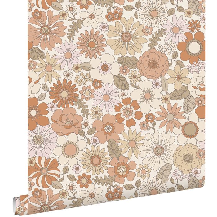 Papier peint fleurs rétro terracotta et beige clair - 53 cm x 10.05 m - ESTAhome