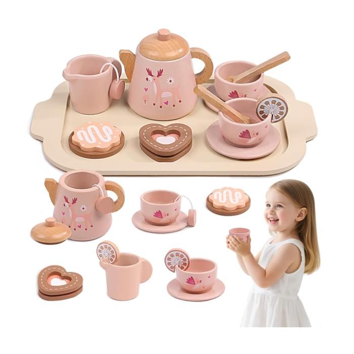 Services à Thé en Bois Bébé Tea Party Jeux de Rôle pour Enfant Garçon Fille 3 4 5+ Ans Service à Thé Jouets Jouet Éducatif Éveil
