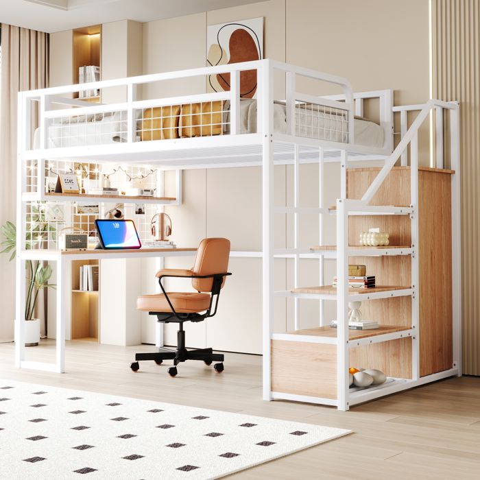 Lit mezzanine multifonction - MERAX - Multifonction - 140x200 cm - Escalier avec rangements - Bureau et penderie intégrée Lit mezzanine multifonction - MERAX - Multifonction - 140x200 cm - Escalier avec rangements - Bureau et penderie intégrée