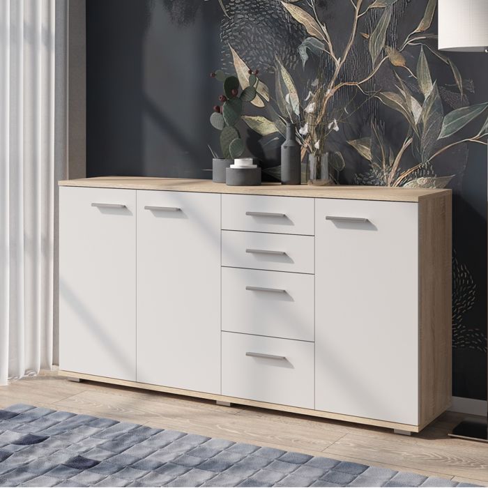 Buffet Komodee FAUSKE KOM3 Tiroirs Chêne Sonoma Blanc 34 x 138 x 74 cm Buffet Komodee FAUSKE KOM3 Tiroirs Chêne Sonoma Blanc 34 x 138 x 74 cm