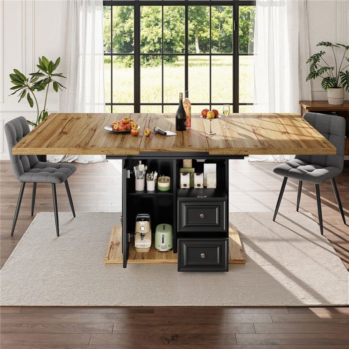 Table Salle à Manger Extensible Bois avec Rangement pour 4 à 6 Personnes 110–140x80 cm Table Cuisine avec Tiroirs Étagère Porte