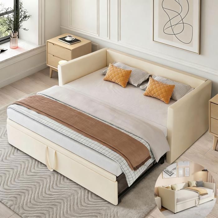 Lit gigogne - KILISKY - 90/180x200 cm - Convertible - Tissu Velours - Beige