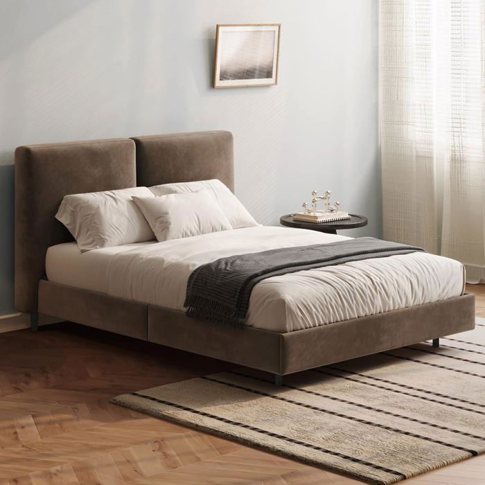 Lit Double 140x200 cm en Velours Marron Foncé Tête de Lit Rembourrée Cadre avec Sommier à Lattes Design Moderne (sans Matelas)