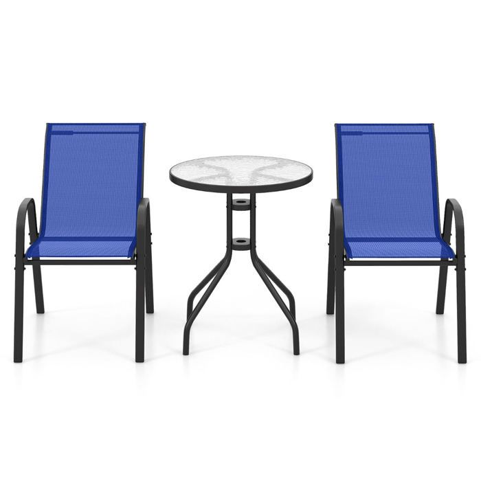 Ensemble table et chaises - HELLOSHOP26 - Bistrot - Bleu - Plateau verre trempé - Chaises empilables