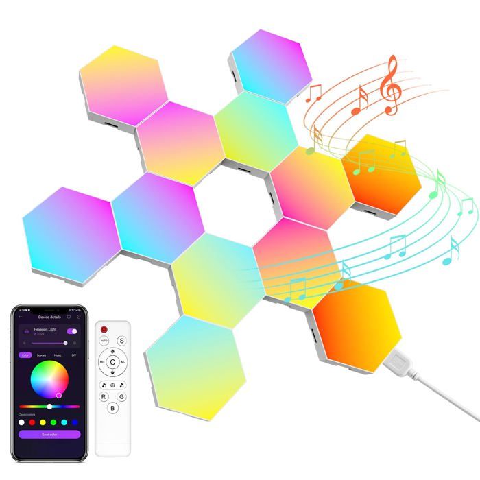 Panneau LED Hexagonal Gaming Murale Lampe—12pcs Smart Music Sync Deco Modulaires RGB Lights App&Télécommande Contrôle