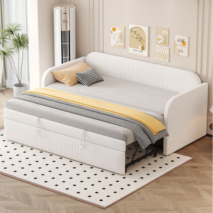 Lit banquette convertible en tissu effet lin beige extensible 90x190 à 180x190 cm