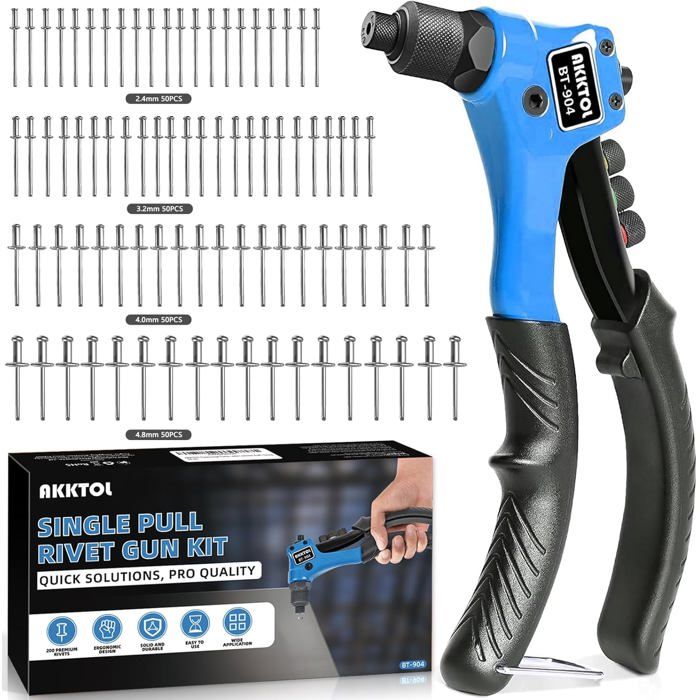 Pince à rivet AKKTOL Riveteuse professionnelle - Kit 200 rivets 4 tailles ergonomique