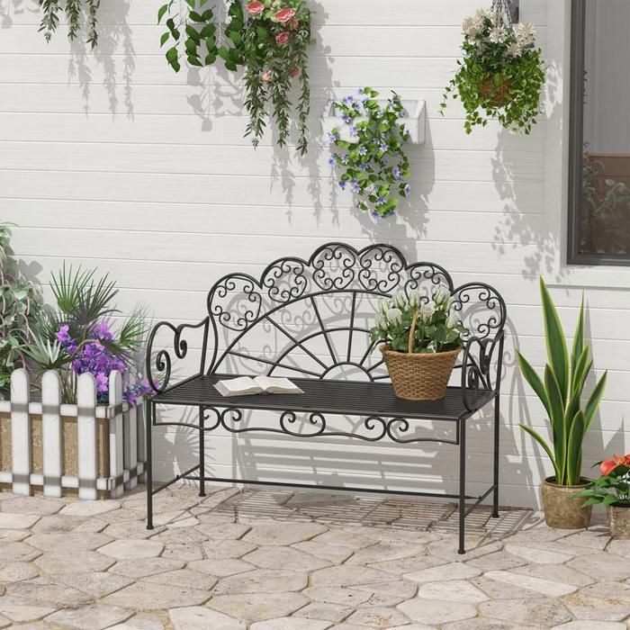 Banc de jardin 2 places métal 107 x 555 x 905 cm robuste antirouille résistant aux intempéries pour jardin balcon noir