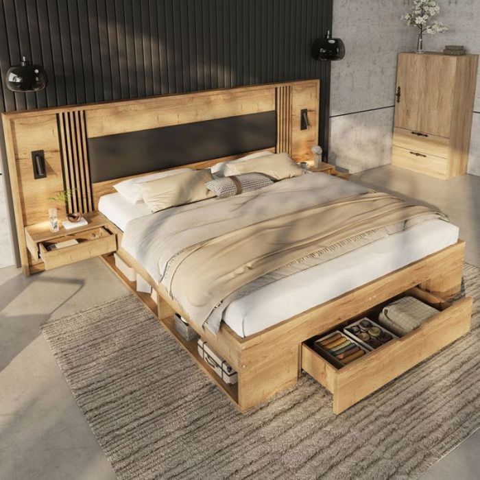 Lit Coffre Moderne 180x200 Optimisez Votre Espace avec 5 Compartiments Éclairage de Chevet Inclus Structure Stable et LIT COMBINE