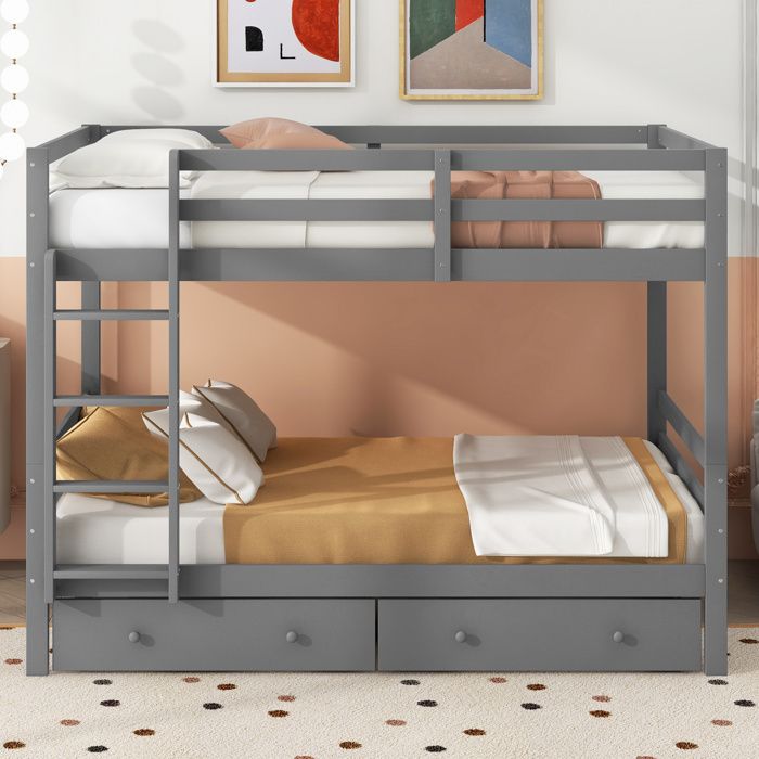 Lit superposé enfant 140 × 200 cm avec 2 tiroirs échelle latérale et garde-corps hauts sans matelas gris - UVRION