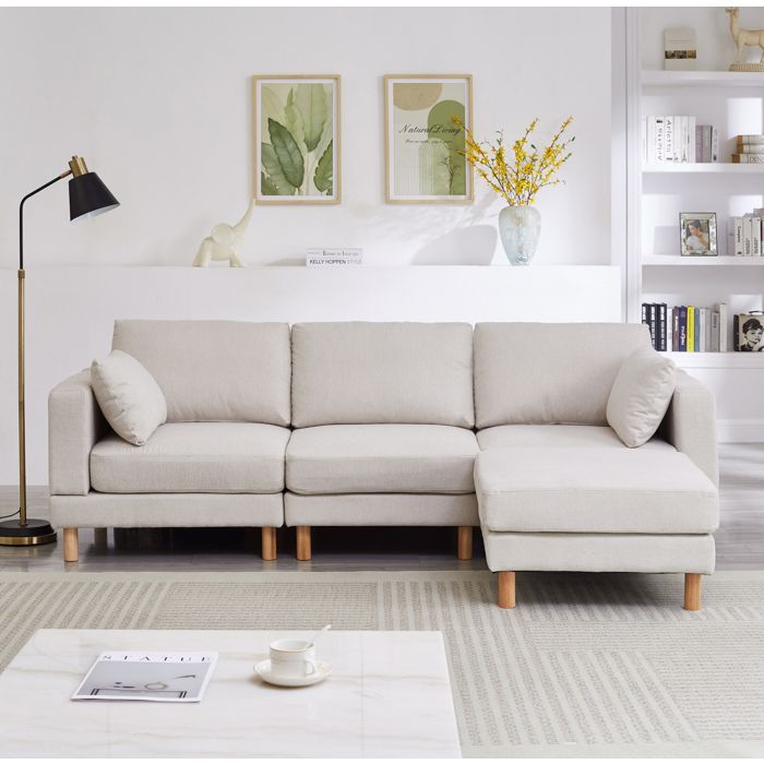 Canapé dangle 3 places EVRYAE - avec pouf modulable méridienne réversible et 2 coussins inclus - Beige
