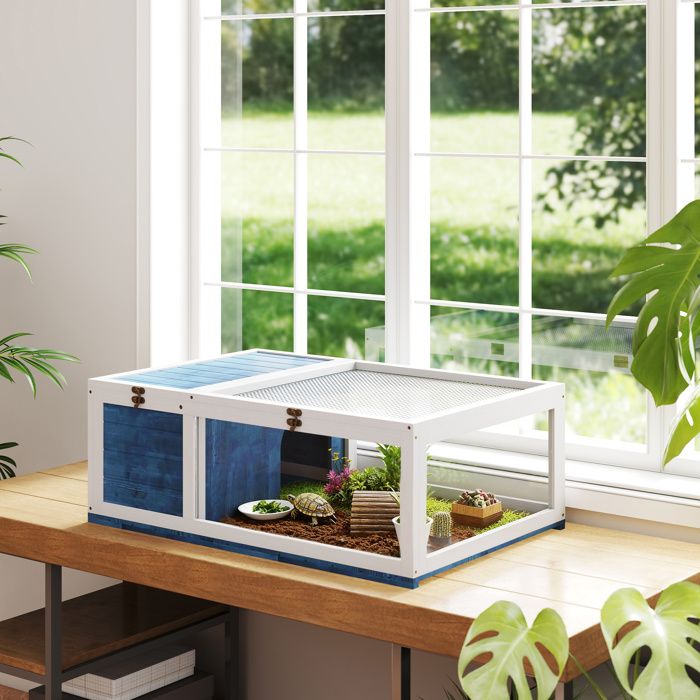 Maison pour tortues - 91 x 605 x 32 cm - Bois de sapin - Bleu - Design 2 espaces extensible