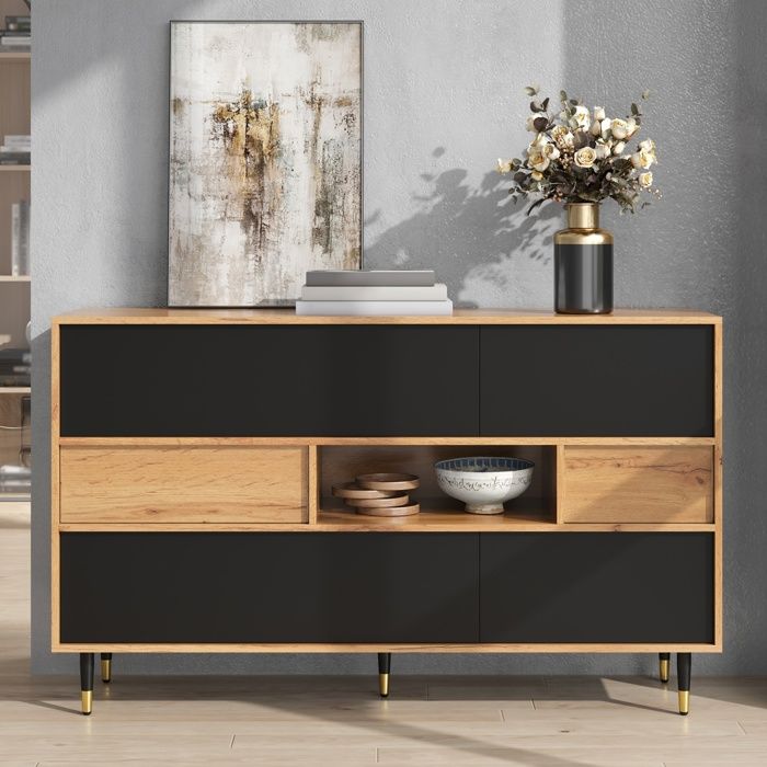 Buffet bas140x40x845 cm 4 portes 2 tiroirs niche ouverte portes abattantes bois et noir MDF et panneaux de particules