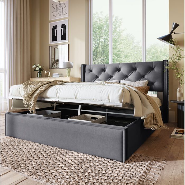 WOVREO Lit coffre 140x200 cm gris avec sommier relevable hydraulique tête de lit capitonnée