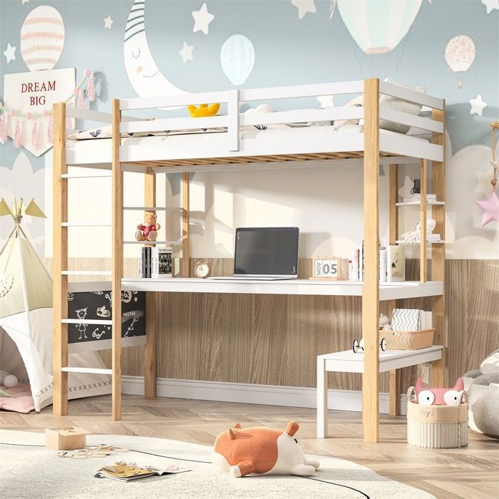 Lit mezzanine 90x200cm - Lit surélevé cabane avec bureau toboggan et étagères de rangement en bois - Blanc et bois