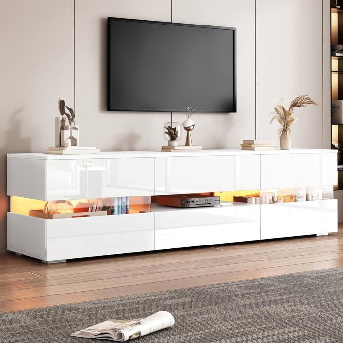 Meuble TV Bois avec LED-Meuble TV Moderne avec 2 Portes et Tiroir-Compartiment Ouvert-Blanc pour Télévisions 70 Pouces-160x39x45cm
