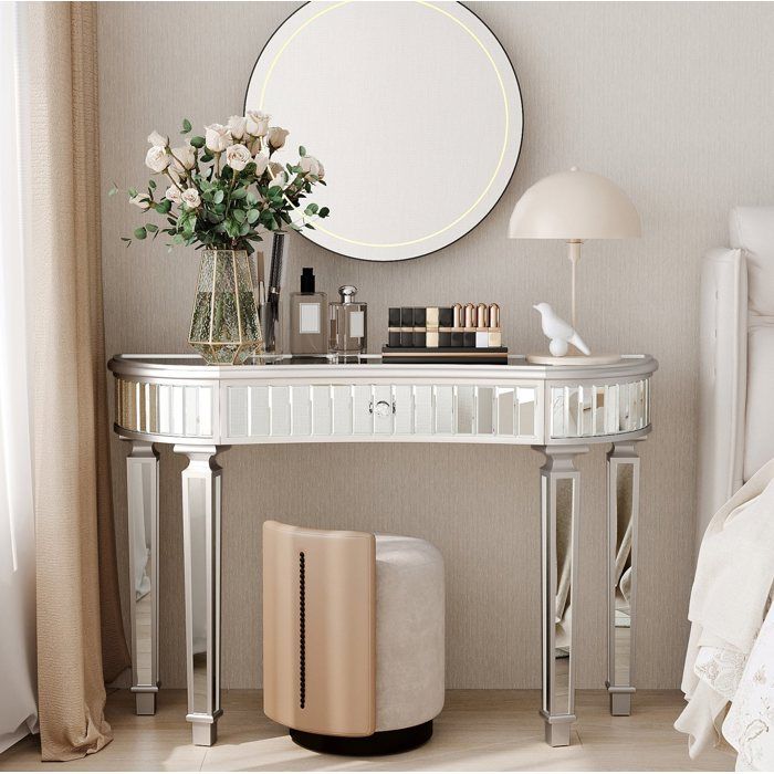 Console miroir demi-lune 120 cm gris et argent avec tiroir verre et MDF table dentrée à monter