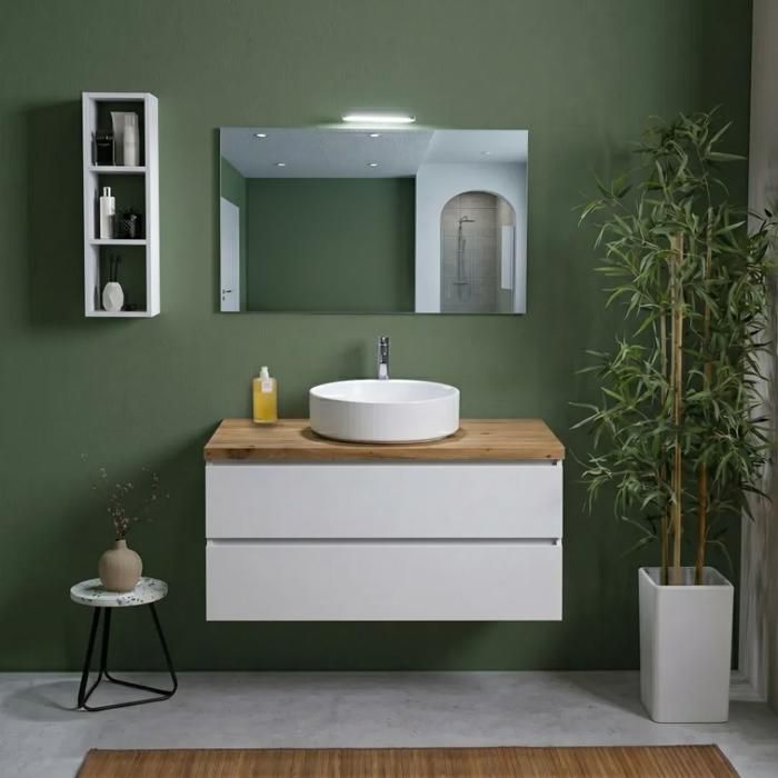 Meuble salle de bain suspendu 100 cm blanc export avec plan chêne naturel miroir et lampe Berlin
