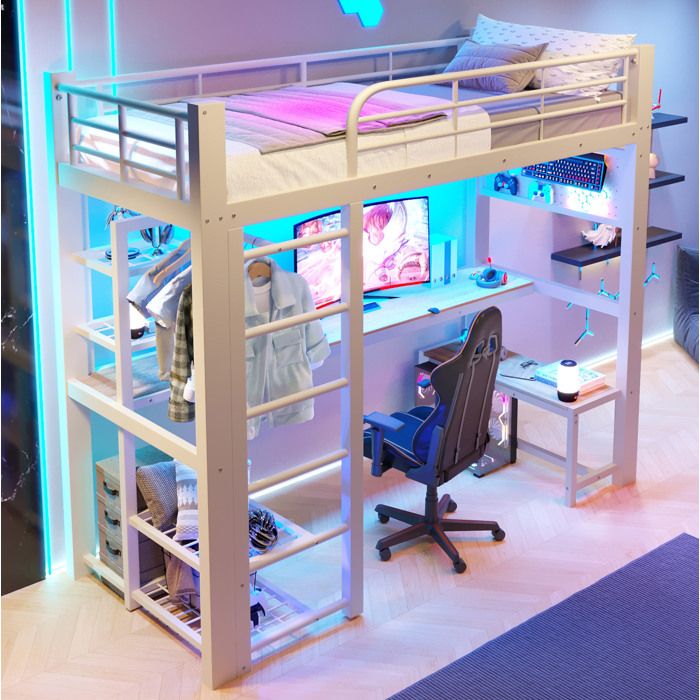 Lit Mezzanine 1 Place Métal Blanc Lit Surélevé Avec Bureau FloraGrace Pour Chambre Avec LED Et Rangements 204x95x180cm