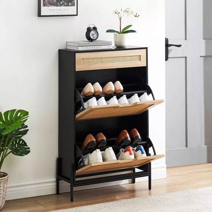Meuble à chaussures rotin style ferme étroit 3 niveaux 3 tiroirs étagères réglables rangement entrée couloir porche noir