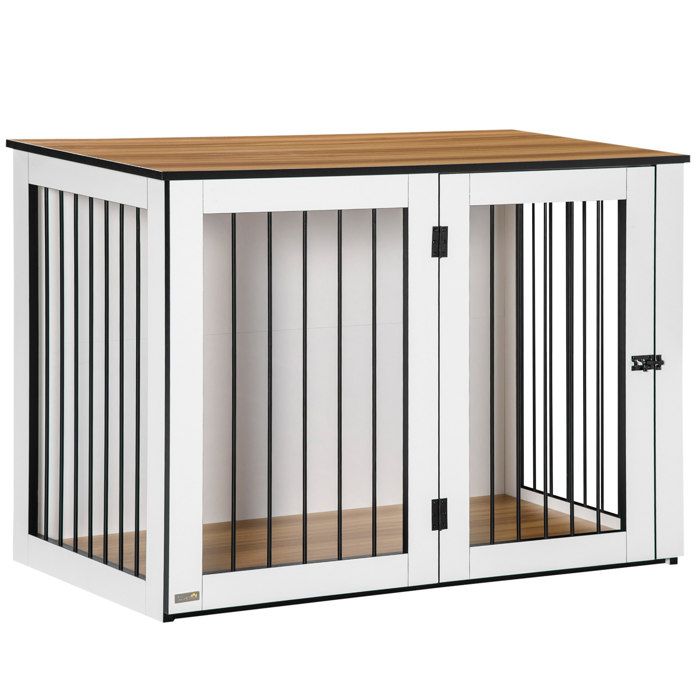 Cage pour chien d’intérieur – meuble en bois et acier – 106 x 60 x 76 cm – blanc et noyer foncé