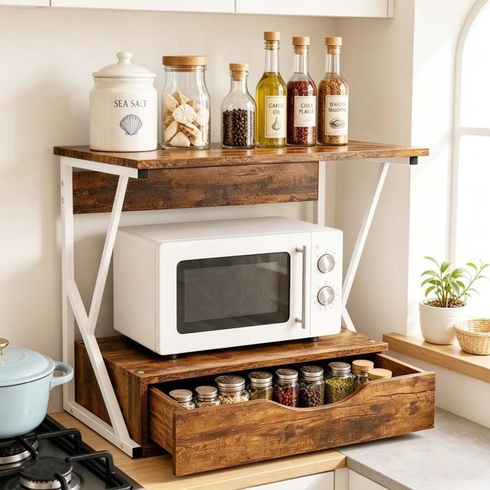 VIVOLILV Étagère Micro-Ondes 2 Niveaux avec tiroir Rangement meuble micro ondes cuisine 54x34x50cm pour Four et Ustensiles Marron