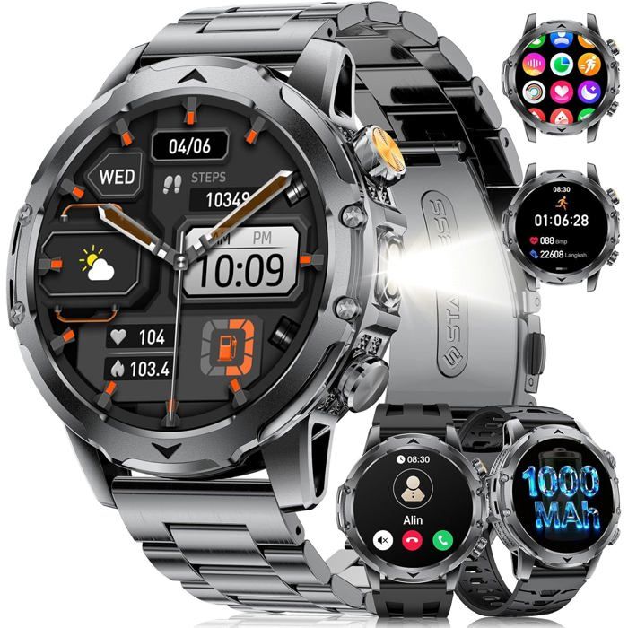 2026 Montre Connectée Homme avec 1 53 HD Écran/LED Lampe/1000mah Batterie/IP68 Étanche Smartwatch avec 100+ Modes Sportifs