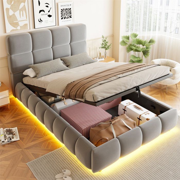 Lit coffre 90x200 cm velours gris sommier hydraulique avec bandeau lumineux RGB lit de rangement design