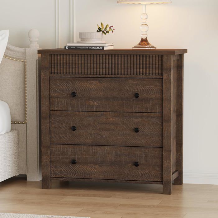 JoyGarden Commode de chambre moderne cannelée 3 tiroirs meuble rangement compact chêne naturel pour salon entrée - Brownish-red