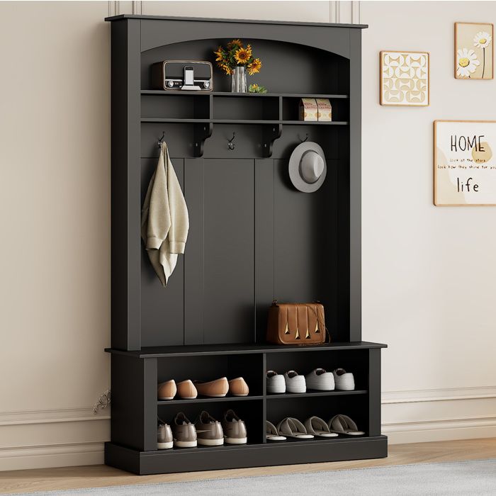 MEULVA Meuble d’entrée 3-en-1 avec banc porte-manteau range-chaussures et 3 crochets noir 120 x 40 x 190 cm
