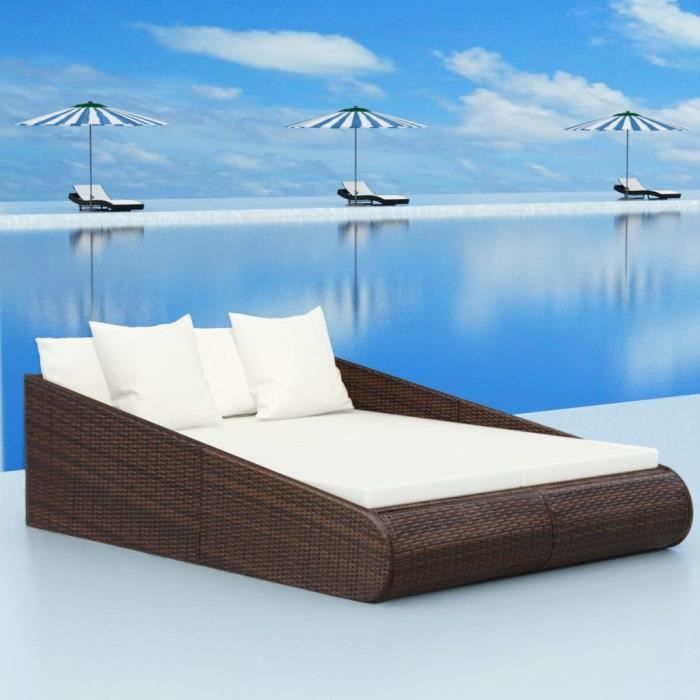 Lit de jardin - ALOMEJOR - 201x139 cm - Résine tressée - Coussins amovibles - Acier laqué