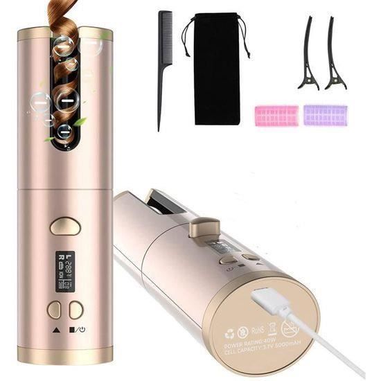  Fer &agrave; Friser Automatique Sans Fil Fer &agrave; Boucler Auto Rotatif Portable Boucleur a Cheveux Rechargeable USB6 Temp&eacute;ratur-Dor&eacute; 