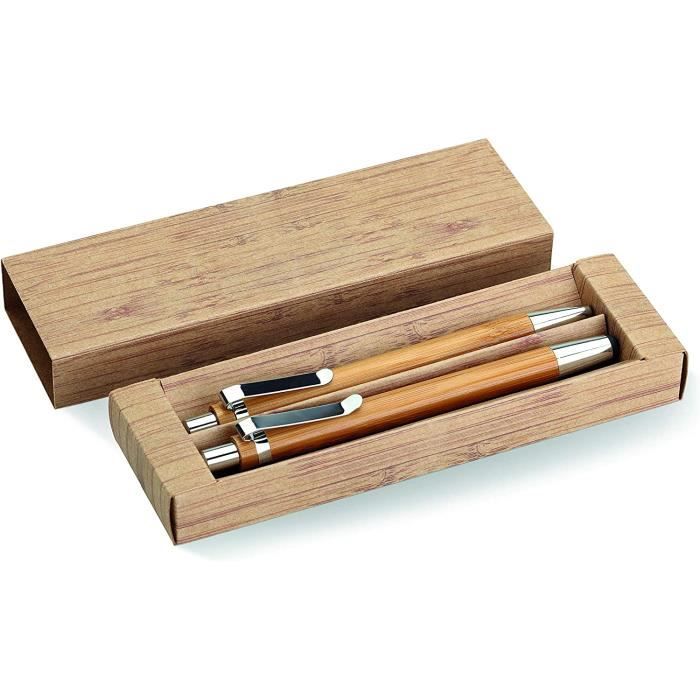 Set D'Écriture En Bambou Gravure Personnalisée - Stylo Bille + Porte-mine - Cadeau Élégant (Nom, Date…)