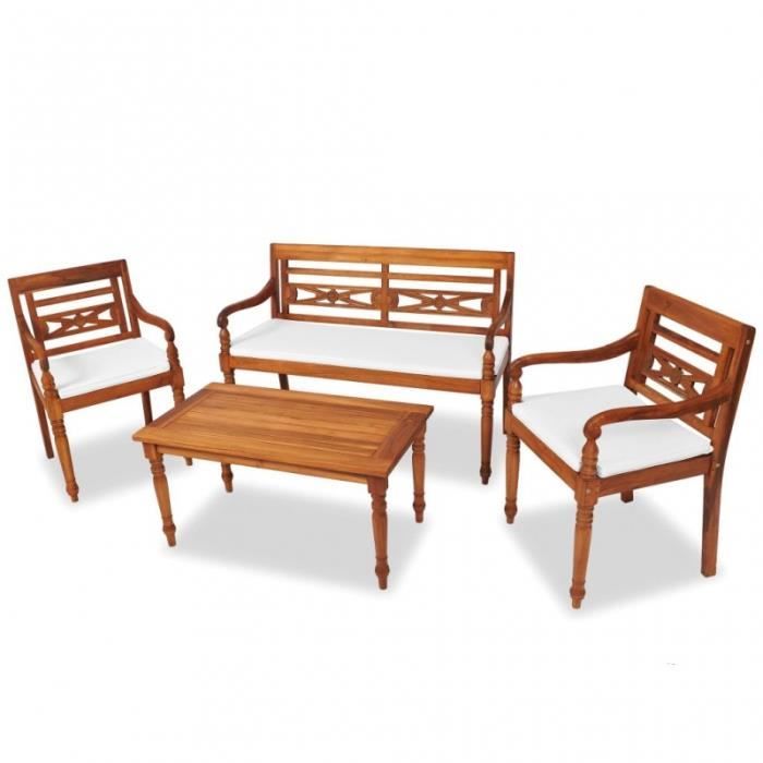 Salon De Jardin 4 Pers En Bois De Teck Et Coussins Creme