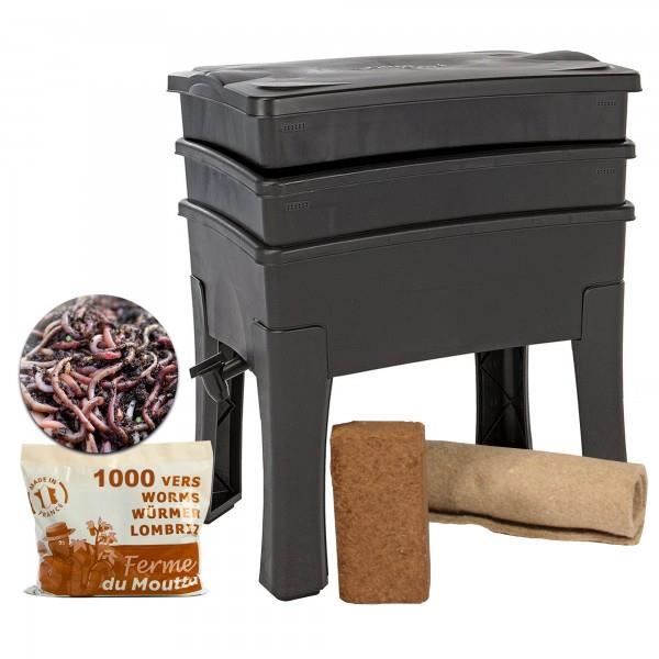 Bokashi Organko Essential Grigio - Set Compostiera 2 Secchi Da 15.3L Con Compattatore + 1kg Attivatore EM-1 Per Fermentazione Scarti Alimentari