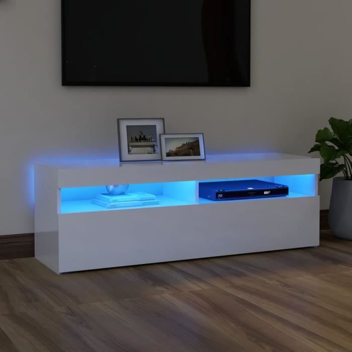 meuble tv bas sur pieds scandinave - table basse multifonction - avec lumières led blanc brillant 120x35x40 cm