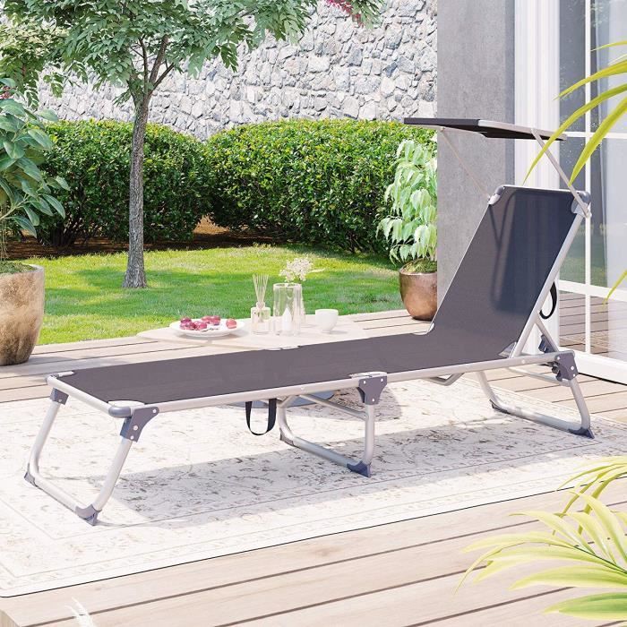 chaise longue - songmics - bain de soleil inclinable - gris - toile textilène - 193 x 55 x 31 cm