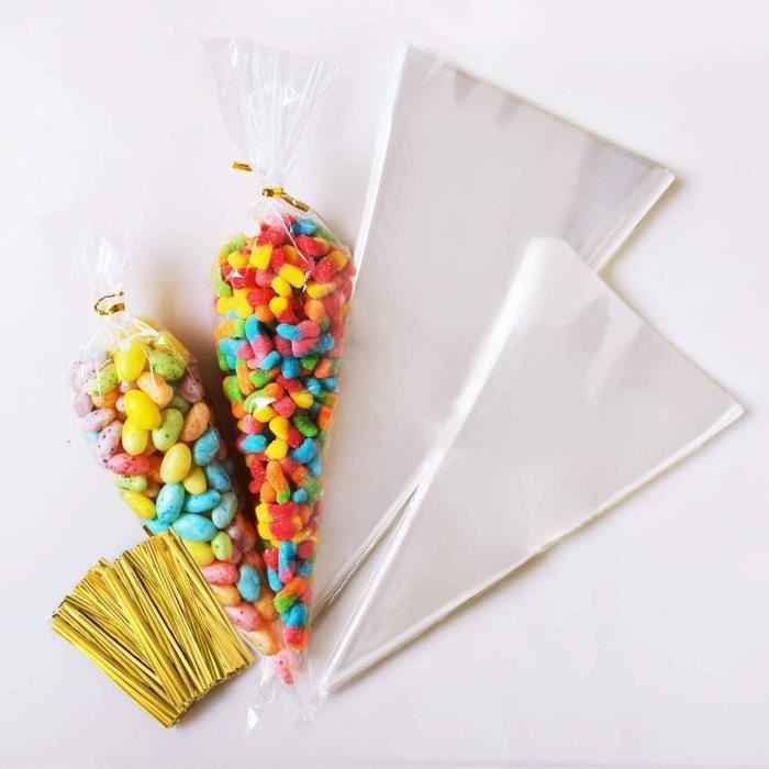 Sachet Bonbon, 200 pcs Cellophane Emballage Cône Sacs et Cravates Sacs