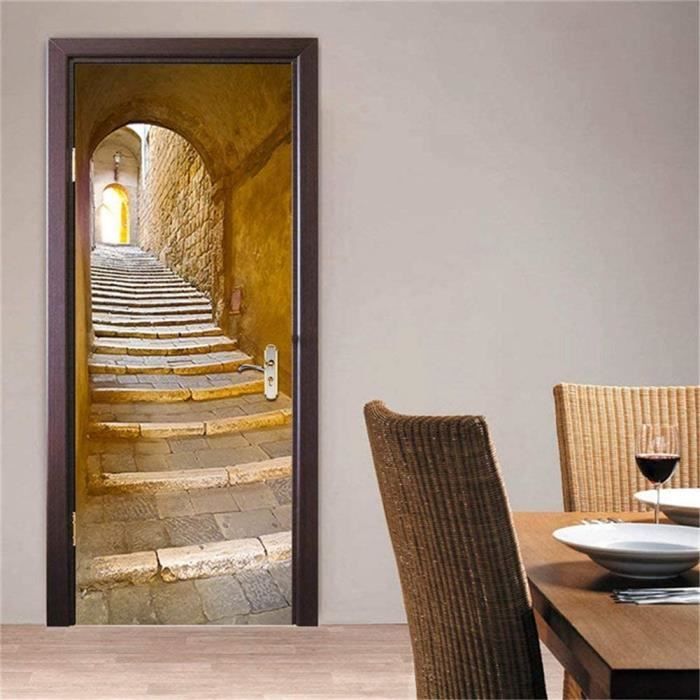 Sticker Trompe l' il Stickers de Porte 3D Effet Décoration Vintage Grotte Muraux Reconditionné Art Decor Affiche pour Salon Cuisine - Maison