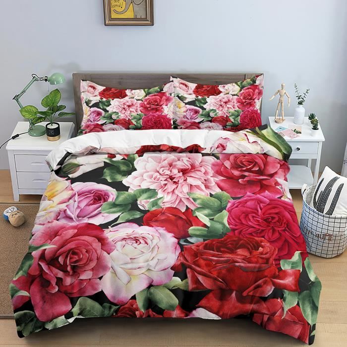 3pcs Rose Fleurs Ensemble De Literie Romantique De Luxe Housse De