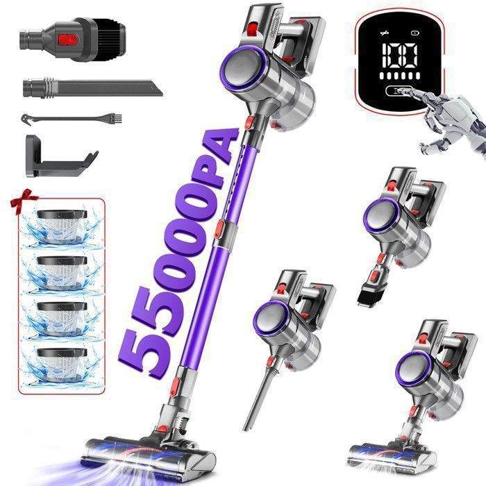 Aspirateur Balai Sans Fil 55000Pa/580W/55Mins d'Autonomie