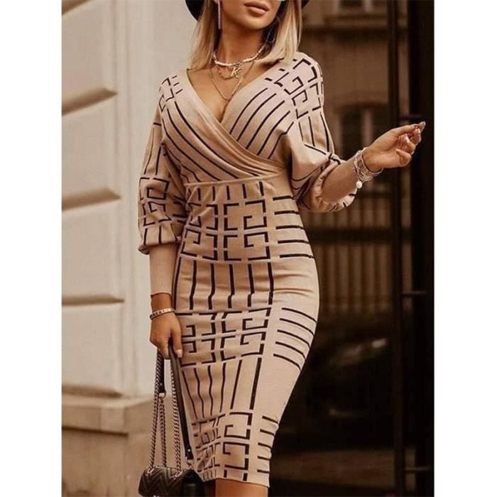 Robe Robe fourreau Vintage imprimee col rond manches longues tenue de bureau slim longueur aux genoux sexy Type Gris fonce Blanc Cdiscount Pret a Porter